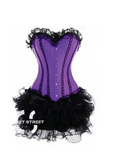 Purple Satin Black Tissue Tutu Skirt Gothic Burlesque Bustier Waist Training Costume Overbust Corset Dress